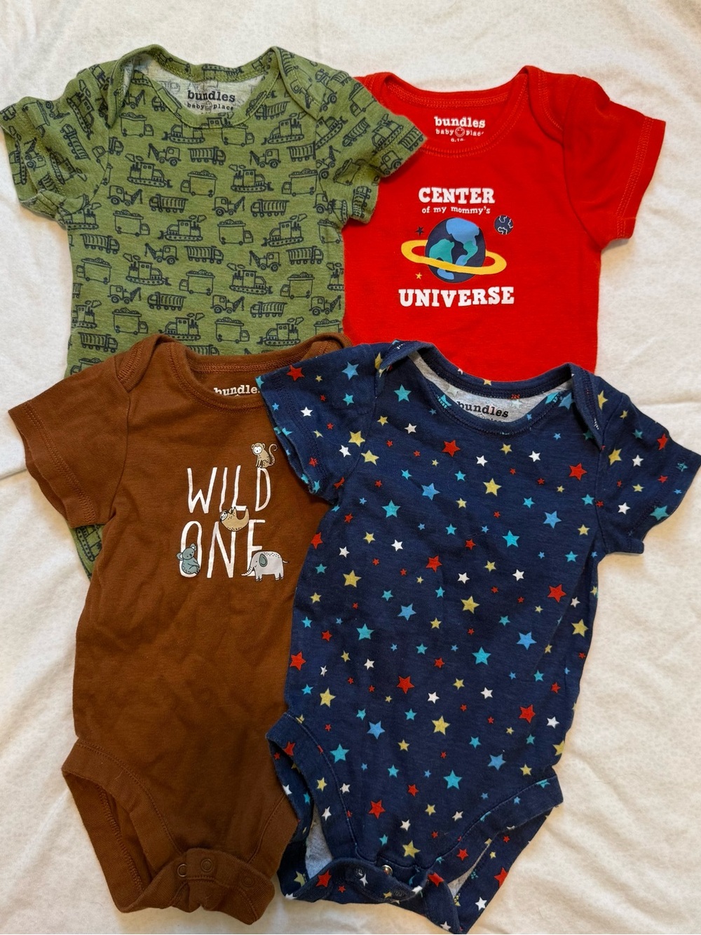 Bundle of 4 9-12M Kids One-Piece Bodysuit Set - Red, Green, Brown, Navy